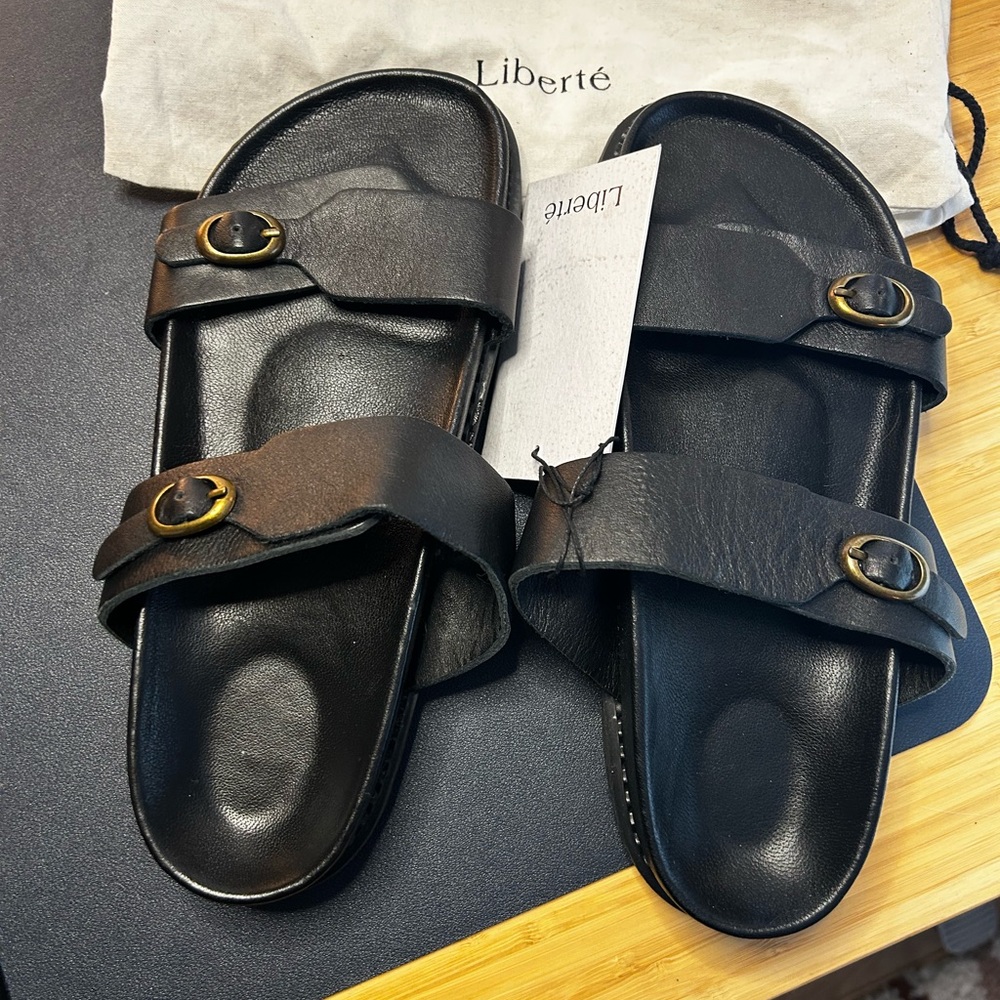 Liberté Women's Black Double-Strap Leather Slide Sandals